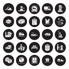 25 vector icon set : Tracking, Zip code, Bill, Box, Boxes, Moving, Fast delivery, Conveyor, Delivery, Post office, Stamp, Support isolated on black background.