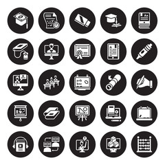 25 vector icon set : scholarship, Abc, Ask, Asynchronous Learning, Audiobook, Crayon, Certificate, Board, business education, E learning, Eraser, Exam isolated on black background.