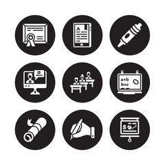 9 vector icon set : Diploma, Digital book, Certificate, Chalkboard, Classroom, Crayon, computer-based training, Writing isolated on black background