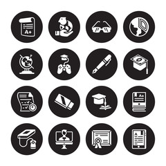 16 vector icon set : Grades, Diploma, distance teacher, E learning, Ebook, Digital book, Geography, Exam, Fountain pen isolated on black background