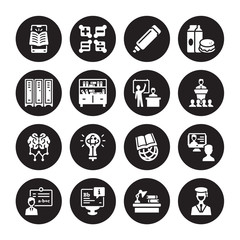 16 vector icon set : mobile learning, Homework, Information, Instructor, interactive course, Graduation, Lockers, Learning, Lesson isolated on black background