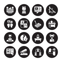 16 vector icon set : University, Sociology, Stapler, Streaming, Student, Sheet, Translator, Studying, Test isolated on black background
