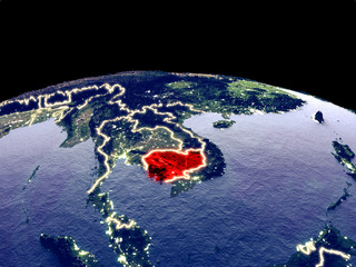 Cambodia from space on planet Earth at night with bright city lights. Detailed plastic planet surface with real mountains.