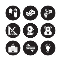 9 vector icon set : Sheet, Sharpener, School, School bag, bell, self-learning, material, Ruler isolated on black background