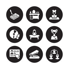 9 vector icon set : Test, Teacher desk, Streaming, Student, Study, Studying, Study tools, Stapler isolated on black background