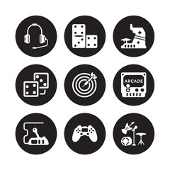 9 vector icon set : Earphone, Domino, Controls, Crystal, Dart, Dices, Dice, Controller isolated on black background