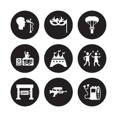 9 vector icon set : Masquerade, paraplane, Water gun, zoo, dance, nightclub, festival, Walkman isolated on black background