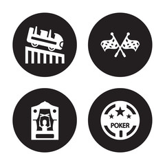 4 vector icon set : Roller coaster, Puppet show, Racing, Poker chip isolated on black background
