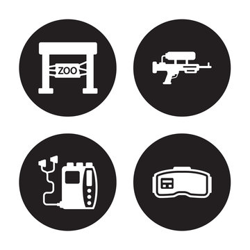 4 Vector Icon Set : Water Gun, Virtual Reality Glasses, Walkman, Video Game Isolated On Black Background