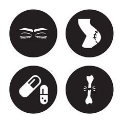 4 vector icon set : Closed eyes with lashes and brows, Capsule black white variant, Cellulite, Broken bone isolated on background