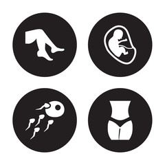 4 vector icon set : Foot side view, Fertilization, Fetus in an uterus, Female hips and waist isolated on black background