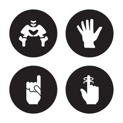 4 vector icon set : Hip Bone, Hand gesture raising the index finger, showing palm, finger with a ribbon isolated on black background