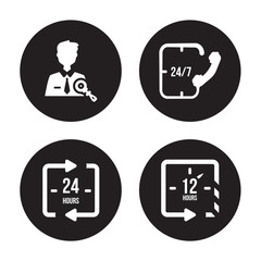 4 vector icon set : Administrator, 24 hours, 24/7, 12 hours isolated on black background