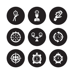 9 vector icon set : Time pressure, mind, Target audience, Time, time Balance, management, is money, Stopwatch isolated on black background
