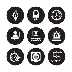 9 vector icon set : Watch, Wall clock, Timing, Urgent, Video conference, Waiting, Videocall, Timer isolated on black background