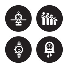 4 vector icon set : Balanced scorecard, Watch, Attrition, Wall clock isolated on black background