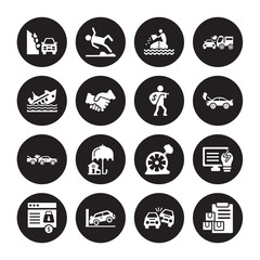 16 vector icon set : Stone on the road, Overturned car, Parking crash, Payment protection, Problem electric, Moving insurance, Ship Rear end collision, Robbery isolated black background