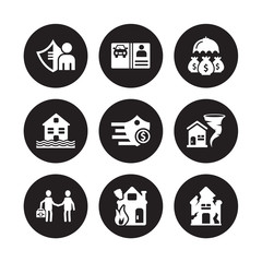 9 vector icon set : Life insurance, License, Insurance agent, for home of tornado, a shield with dollar, Investment insurance isolated on black background