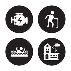 4 vector icon set : Engine problems, Drown, Elderly, Disaster isolated on black background