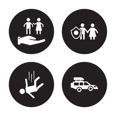 4 vector icon set : Family Care, Falling, Familiar insurance, Excessive weight for the vehicle isolated on black background