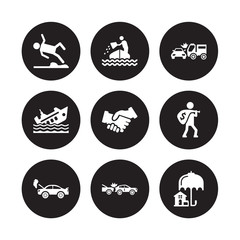 9 vector icon set : Slippery road, Sinking, Repair, Robbery, Shake hands, Side crash, Ship insurance, Rear end collision isolated on black background