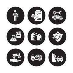 9 vector icon set : Wounded, Wellness, Transport insurance, Travel Tsunami Vehicle repair, Unemployed, Towed car isolated on black background