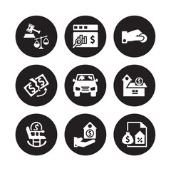 9 vector icon set : legal expenses, Actual Cash Value, Retirement, Savings, total loss, Beneficiary, replacement value, Protection isolated on black background