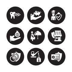 9 vector icon set : dental insurance, deposit marriage contract, small business pregnancy education insurance isolated on black background