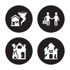 4 vector icon set : Insurance for home of tornado, House on fire, agent, insurance storms isolated black background