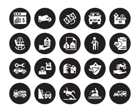 20 vector icon set : Actual Cash Value, Sinking, Slippery road, Stone on the Towed car, Savings, Wounded, Tsunami insurance, Vehicle repair, Protection isolated black background