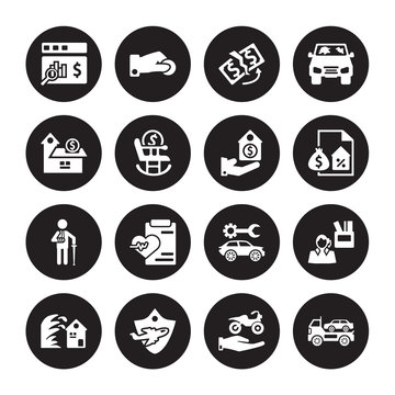 16 vector icon set : Actual Cash Value, Transport insurance, Travel Tsunami Unemployed, Towed car, Savings, Wounded, Protection isolated on black background