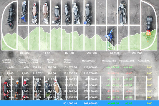 Stock financial data presentation show successful promotion motorcycle sale business with aerial view of motorcycles parking row on concrete floor background.