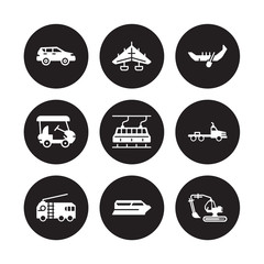 9 vector icon set : hatchback, hang glider, Fire truck, flatbed lorry, funicular railway, gondola, Golf cart, Ferry boat isolated on black background