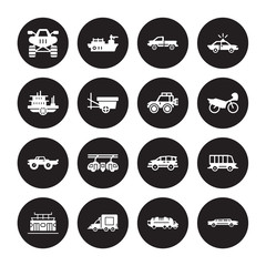 16 vector icon set : Quad, litter car, Lorry, Metro, Minibus, Limousine, paddlewheeler, Monster truck, Off road isolated on black background