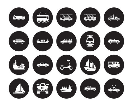 20 vector icon set : Truck, Pickup, PT boat, Quad, Sailboat, Tow truck, Subway, Scooter, Ship, Tanker, Tramway isolated on black background