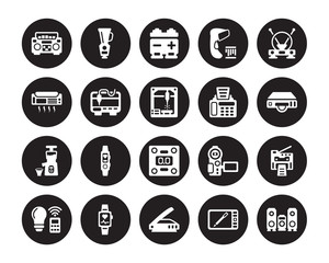 20 vector icon set : Boombox, Graphic tablet, Scanner, Smartband, Smart light, Antenna, Fax Machine, Weighing, Cold-pressed juicer, 3d printer, Battery isolated on black background