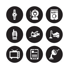 9 vector icon set : Wristwatch, Webcam, Television, Vacuum cleaner, Video camera, Washing machine, Walkie talkie, Tablet isolated on black background