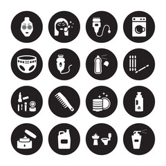 16 vector icon set : Face mask, Bathroom, Bleach, body Cream, Chlorine, Antiseptic, Diaper, Cosmetics, Deodorant isolated on black background
