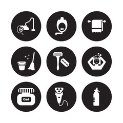 9 vector icon set : Vacuum, Urinal, Gel, Hair washing, Razor, Towel, Sanitary, Electric shaver isolated on black background