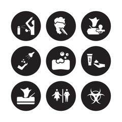 9 vector icon set : body odour, beardy, Wipes, shaving gel, soap bar, baby wipe, ablution, Wc isolated on black background