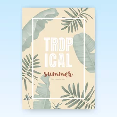 Muurstickers Summer poster template design, tropical green leaves on light orange background, pastel vintage style © momosama