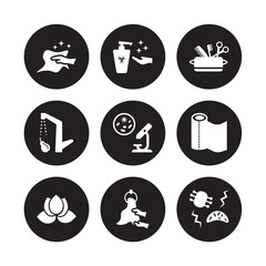 9 vector icon set : dust cleaning, antibacterial, purity, paper towel, pathogen, hygiene kit, food hygiene, drying hands isolated on black background
