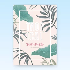 Muurstickers Summer poster template design, tropical green leaves on light pink background, pastel vintage style © momosama