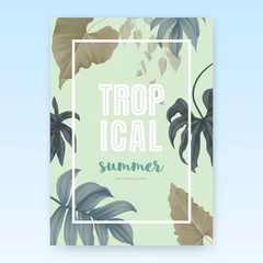 Zelfklevend Fotobehang Summer poster template design, tropical green leaves on light green background, pastel vintage style © momosama
