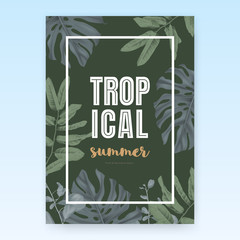 Summer poster template design, tropical green leaves on dark green background, pastel vintage style