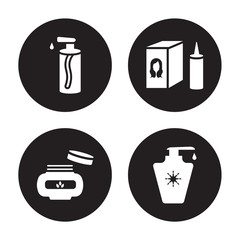 4 vector icon set : pump bottle, face cream, hair tonic, lotion isolated on black background