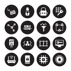 16 vector icon set : Phishing, Microchip, Mobile phone security, Modem, Monitor Malware, network optimization, certificate, Funnel isolated on black background