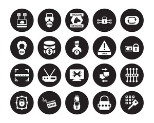 20 vector icon set : virtualization, Password, Pendrive security, Phishing, Private network, Sync, Spam, remote support, Scan, Sql, Trojan isolated on black background