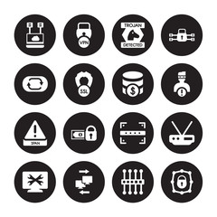 16 vector icon set : virtualization, proxy server, Remote access, remote support, Router, Private network, Sync, Spam, Sql isolated on black background