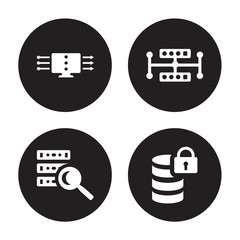 4 vector icon set : data streaming, search, Data share, protection isolated on black background